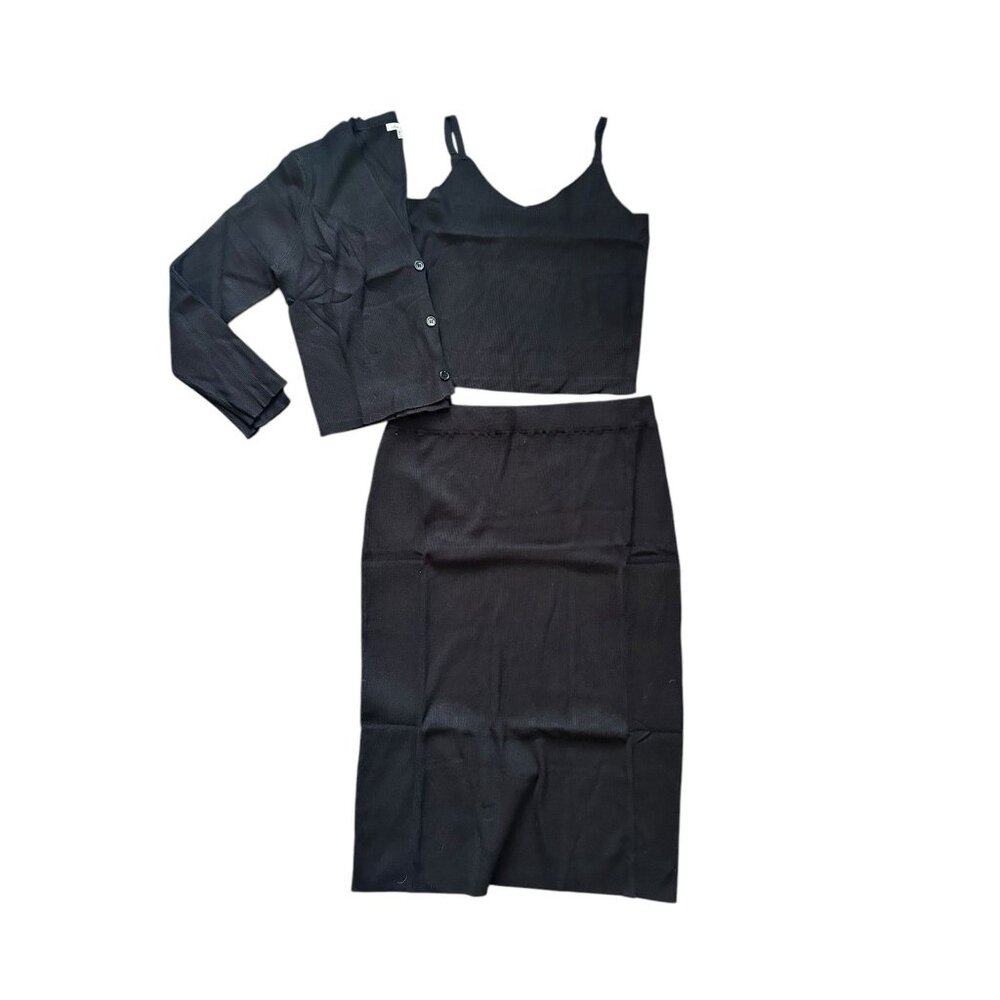 3 Piece Black Midi Skirt Set Tank Top Long Sleeve Cardigan Ribbed Comfy 3XL
